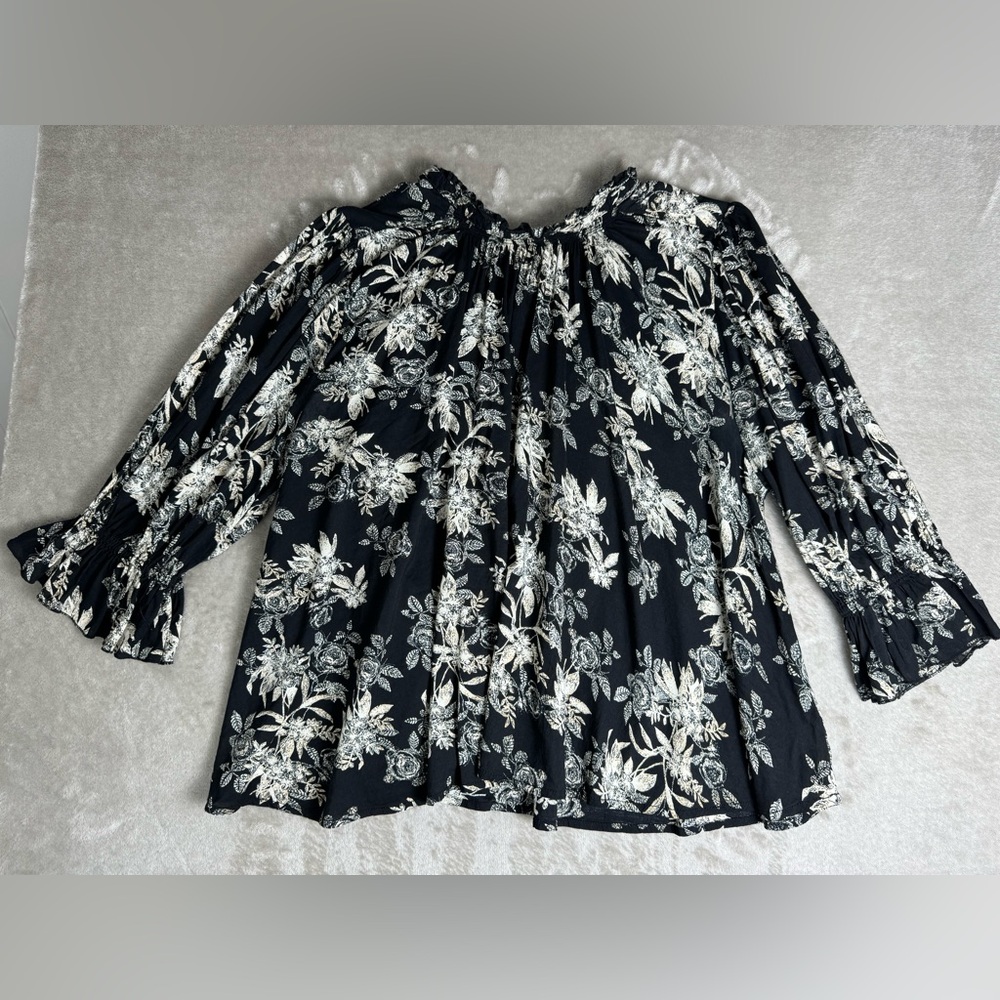 FREE PEOPLE Claudia Floral Blouse Large Black Ivory High Neck 3/4 Sleeve‎ Loose